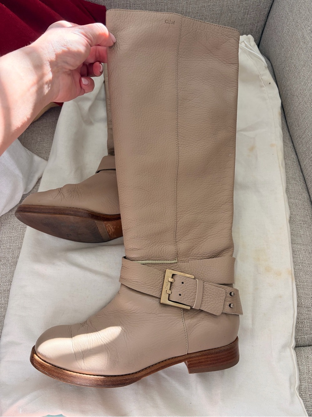 Chloe Beige Leather Riding Boots with Buckle Size 36